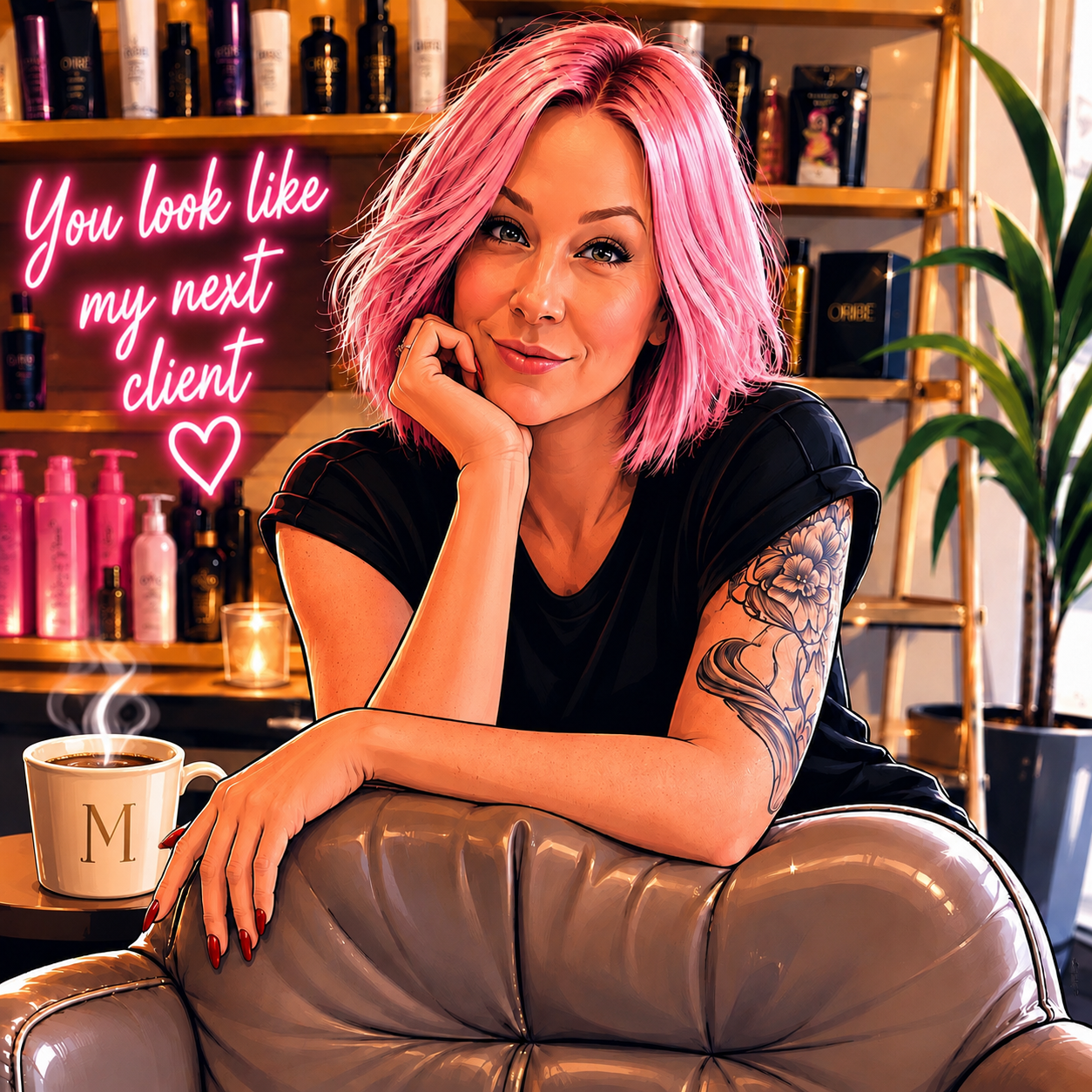 Illustration of Marie in the salon beside a neon sign reading 'You look like my next client'