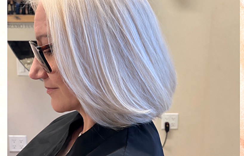 Finished icy silver bob with softly blended grey
