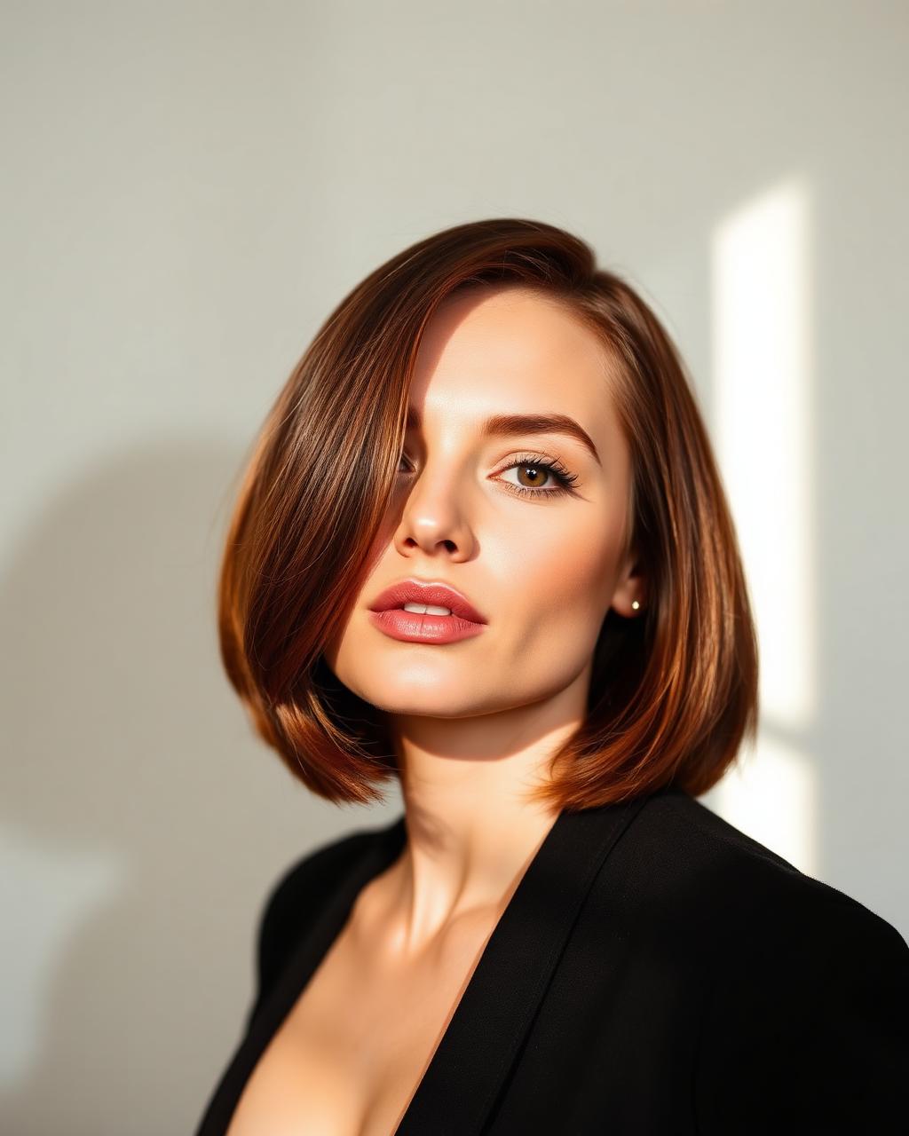 Sleek center-part bob with dimensional copper
